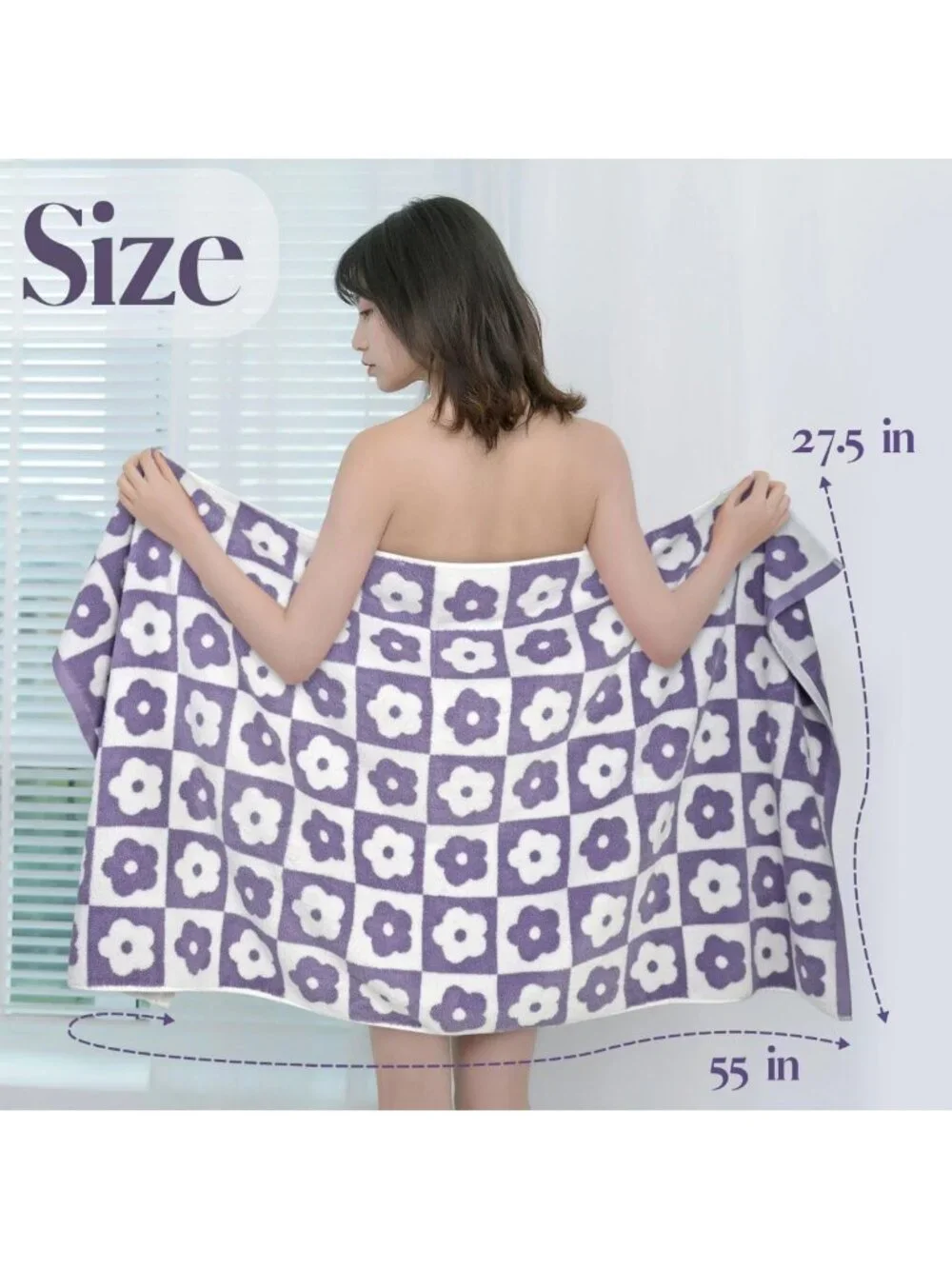 Luxury Checkered Floral Bath Towels Set - Soft Purple Towels for Women & Girls